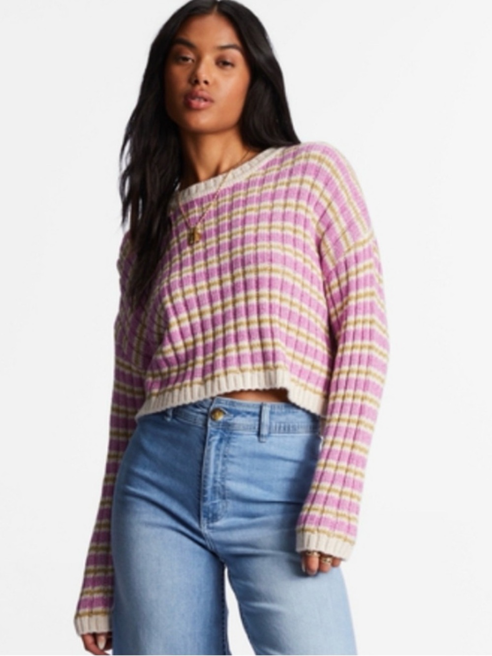 Billabong Womens In A Daze Knitted Cropped Striped Jumper Top - Bright Orchid